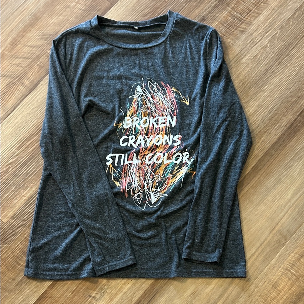 SHEIN Dark Gray Long Sleeve Tee with Colorful Print